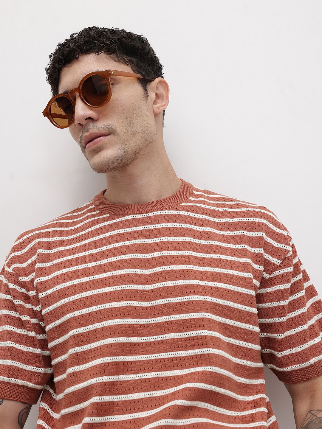 The Roadster Life Co. Open-Knit Striped Cotton T-shirt