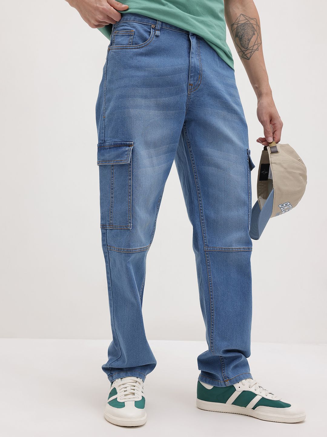 The Roadster Life Co. Men Mid-Rise Light Fade Stretchable Relaxed Fit Cargo-Style Jeans