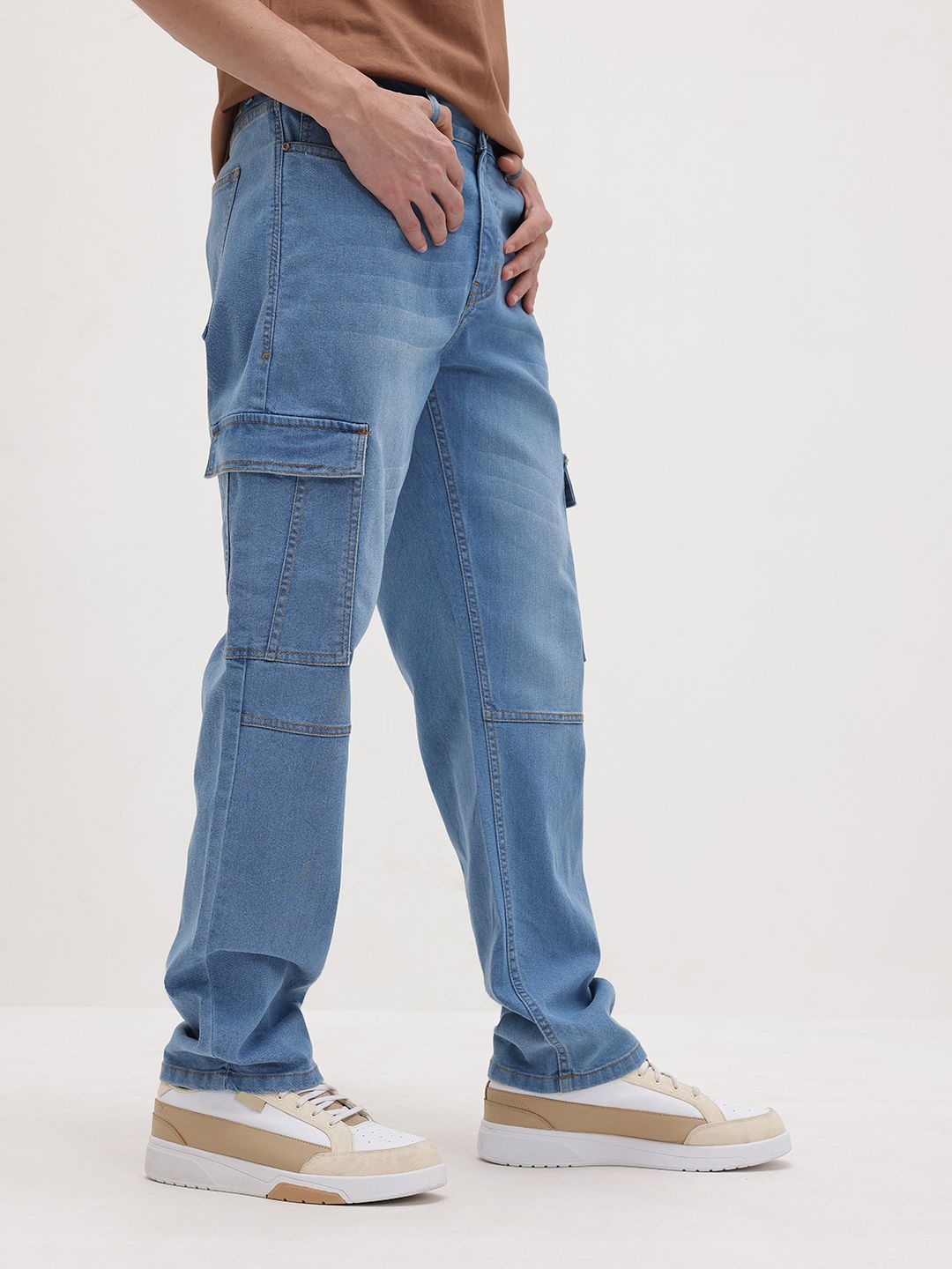 The Roadster Life Co. Men Mid-Rise Light Fade Stretchable Relaxed Fit Cargo-Style Jeans