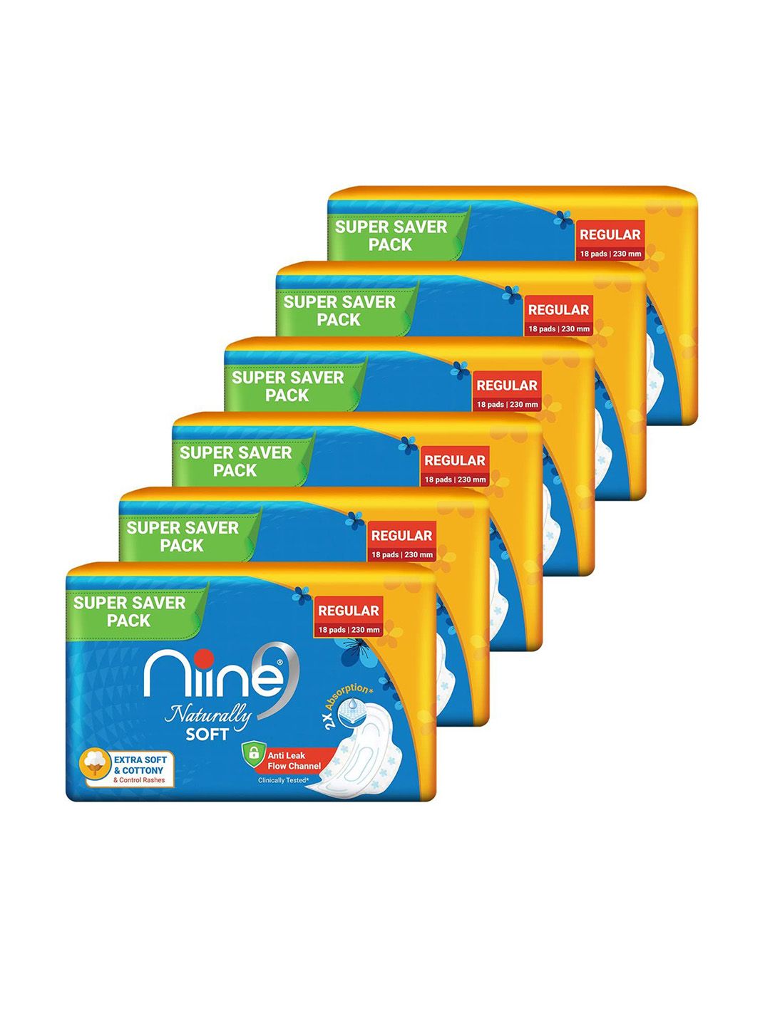Niine Niine Set of 6 Naturally Soft Cotton Anti Leak Flow Channel 230mm Sanitary 108 Pads