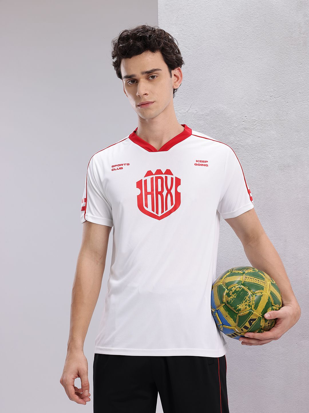 HRX by Hrithik Roshan Brand Logo Printed V-Neck Rapid-Dry Football T-shirt