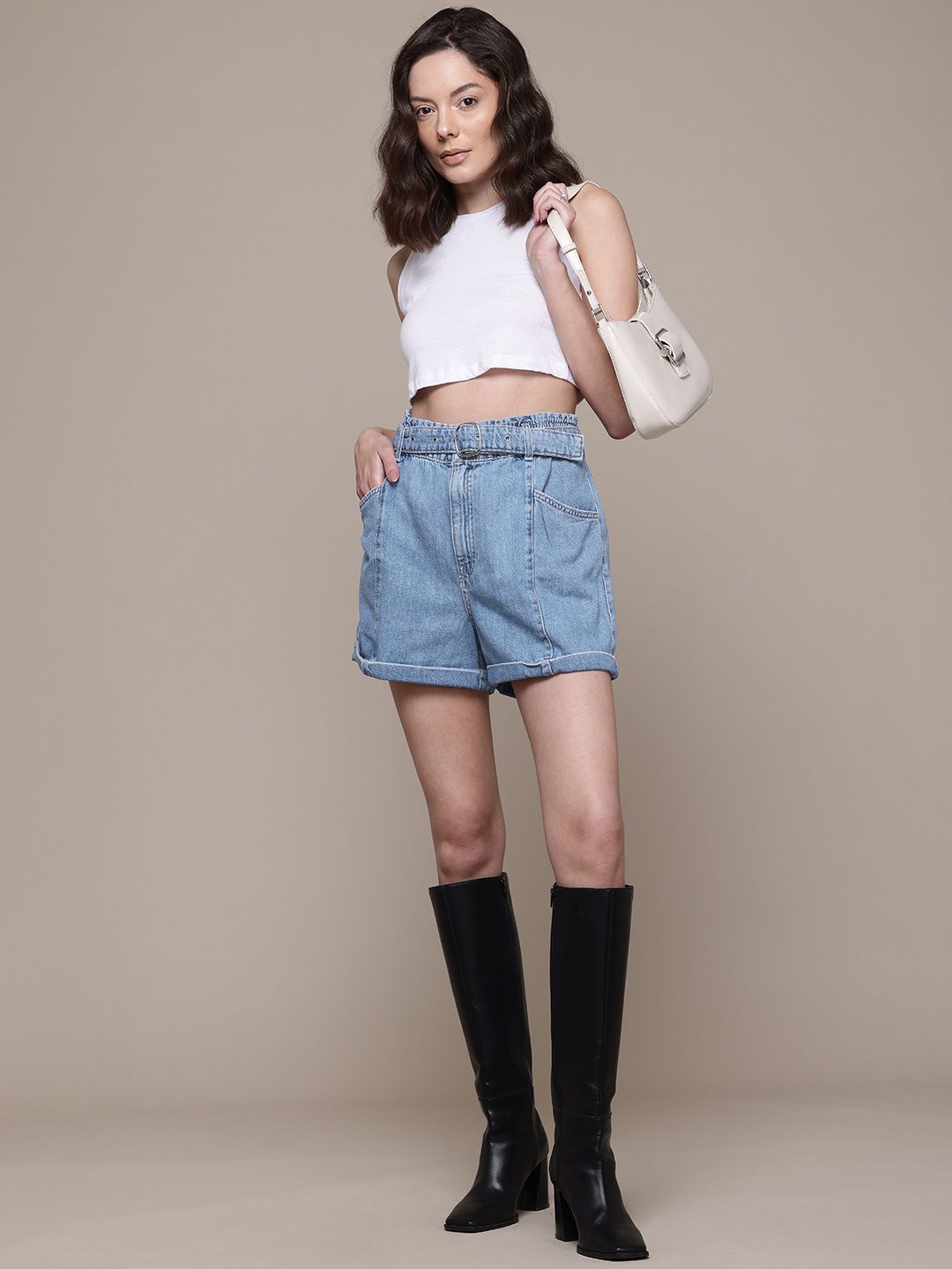 High-Rise Denim Shorts with Belt