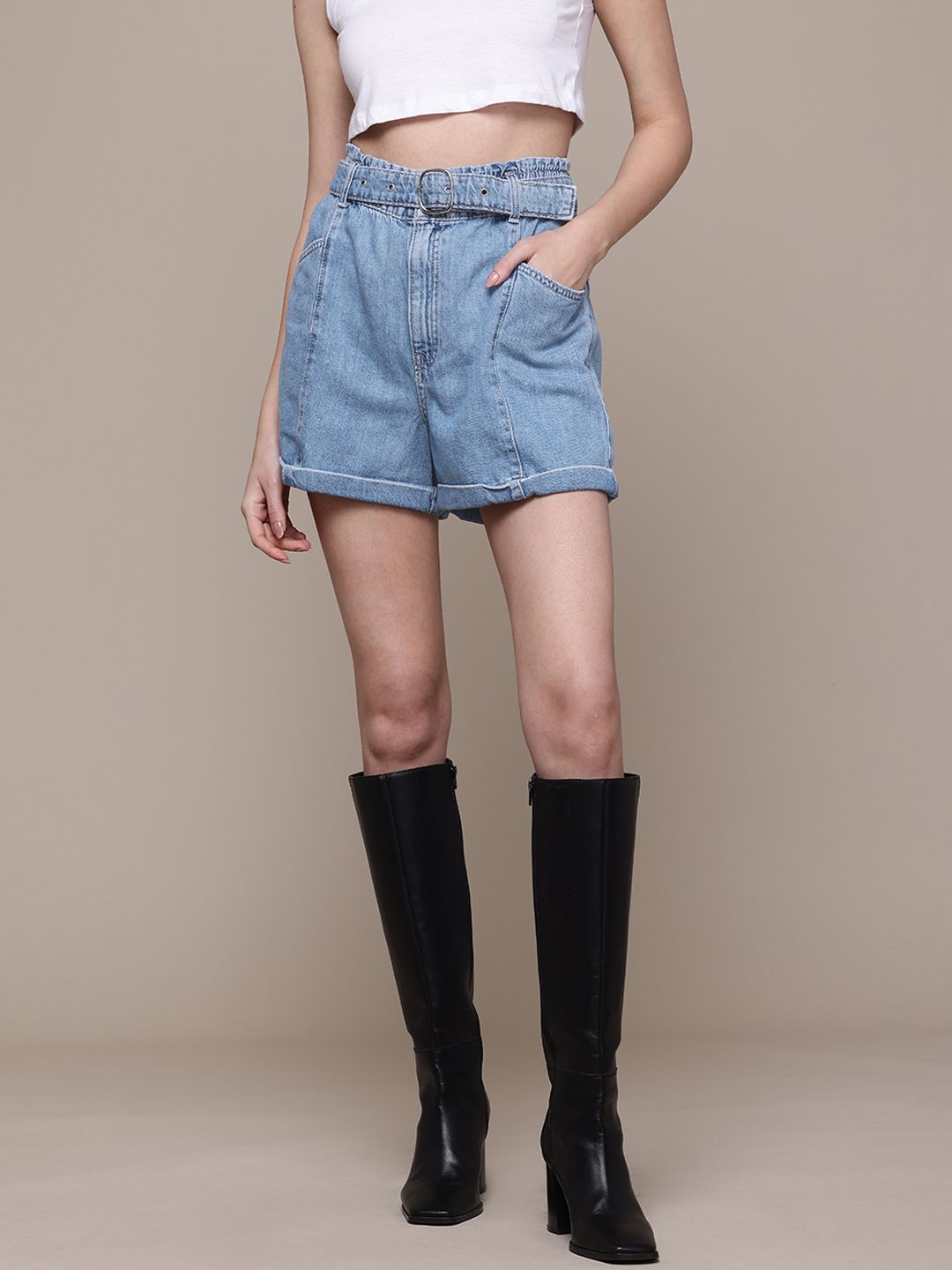 High-Rise Denim Shorts with Belt