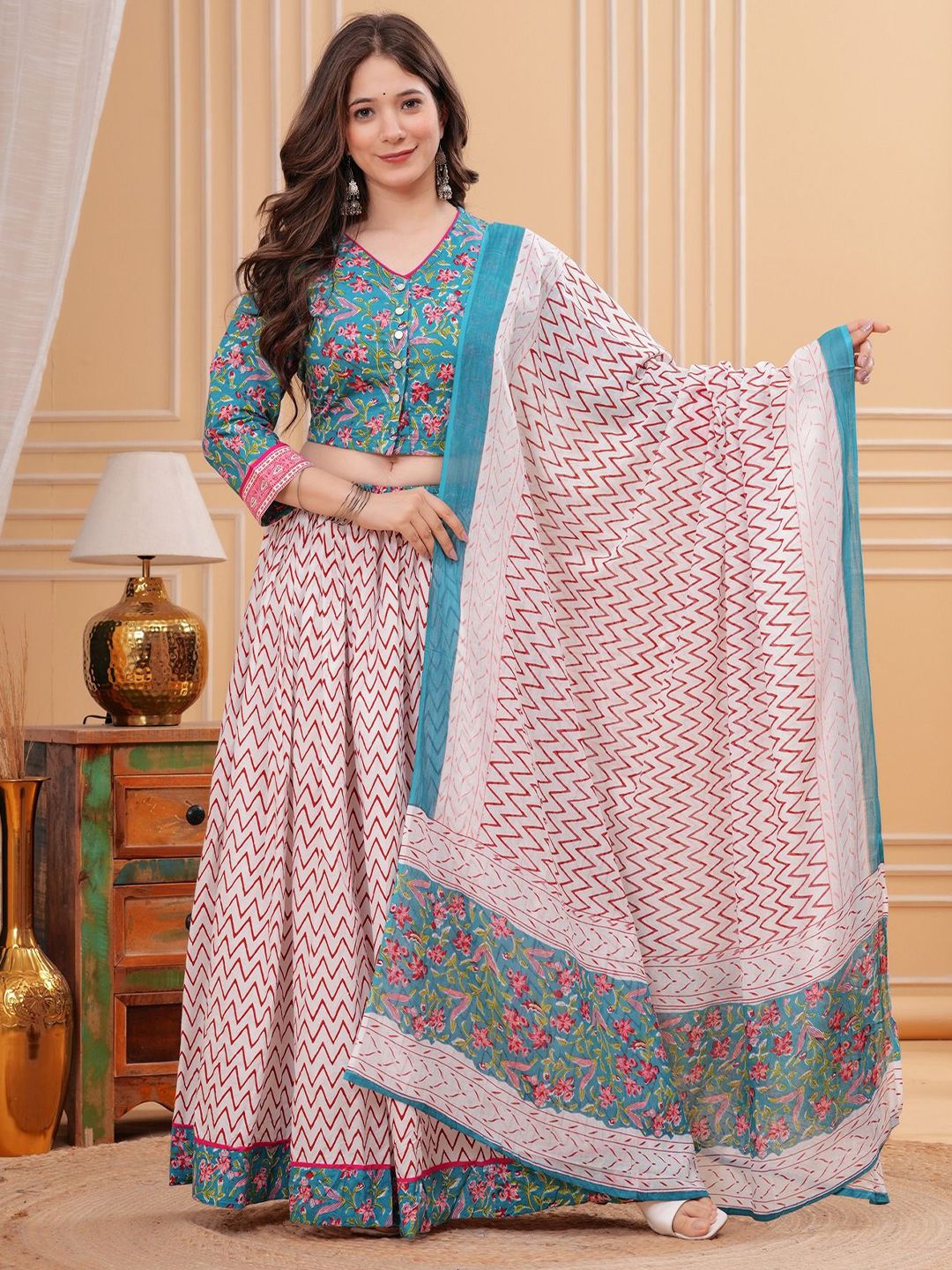 PARTHVI Printed Block Print Ready to Wear Lehenga & Blouse With Dupatta