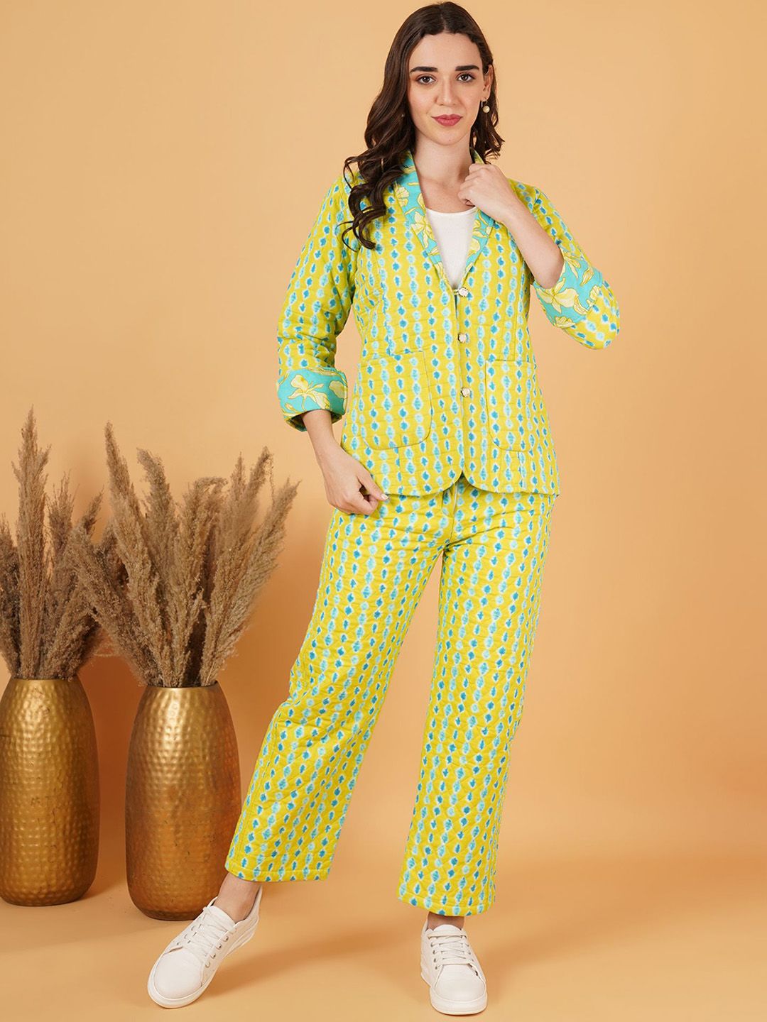 KALINI Printed Pure Cotton V Neck Blazer With Trousers Co-Ords Set