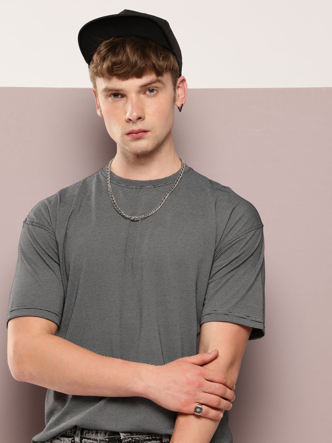 Striped Drop-Shoulder Sleeves Monochrome Oversized T-shirt deal from myntra Striped Drop-Shoulder Sleeves Monochrome Oversized T-shirt deal from myntra