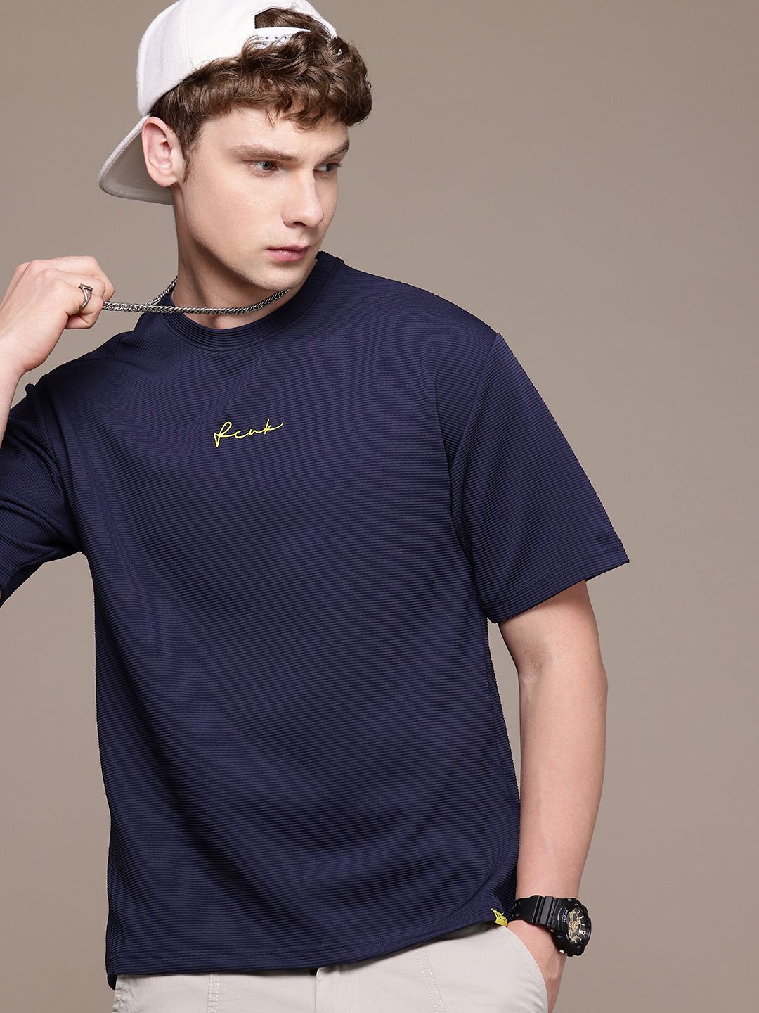 FCUK Self Striped Drop-Shoulder Sleeves Relaxed Fit T-shirt