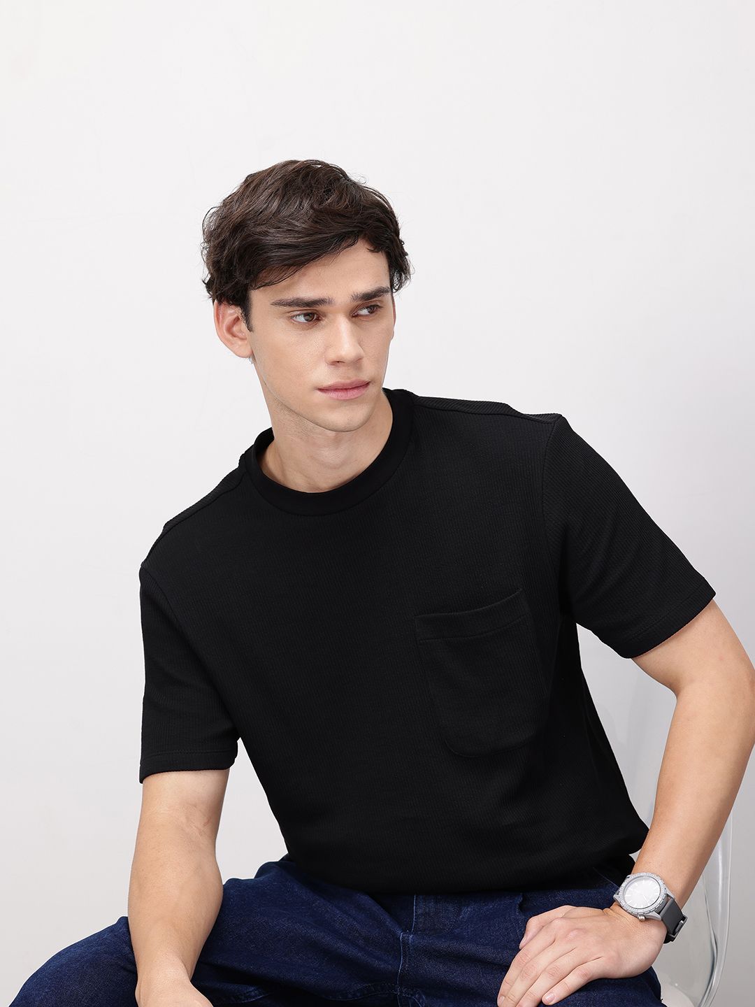 ether Grower Men Round Neck Ribbed Organic Cotton Comfort Fit Relaxed Fit T-shirt