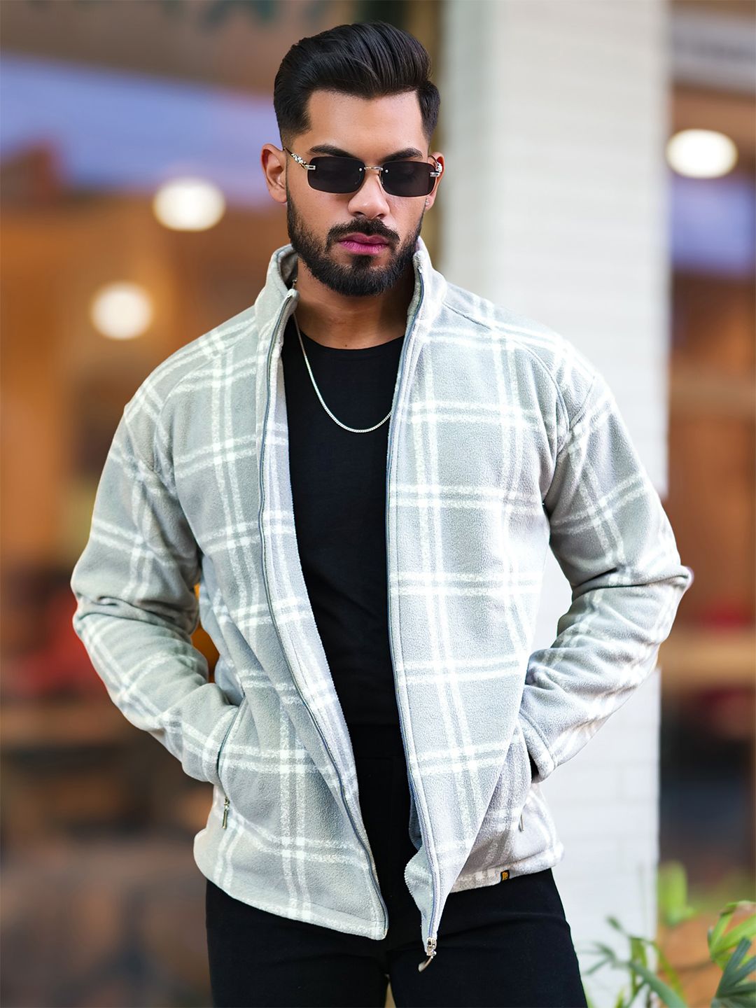 Maniac Men Mock Collar Checked Cotton Casual Tailored Jacket