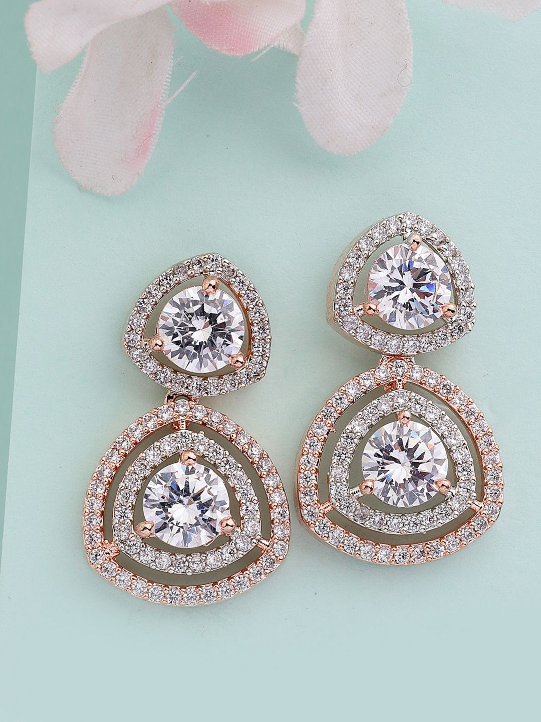 ZENEME Rose Gold-Plated American Diamond Studded Geometrical Drop Earrings