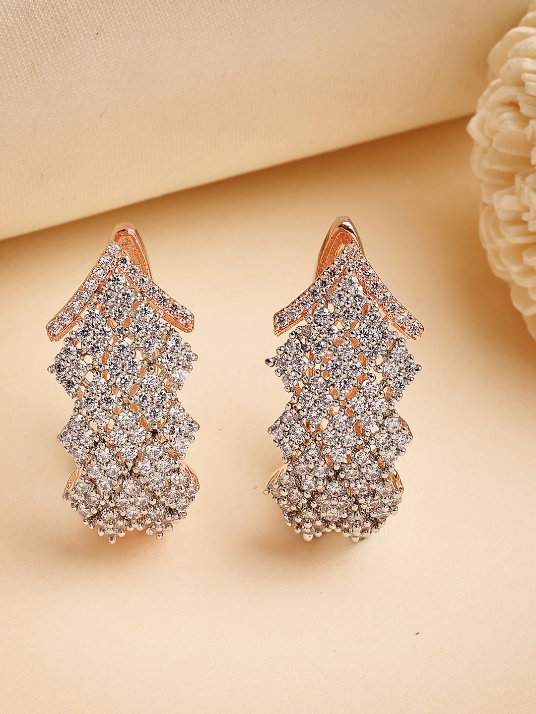 ZENEME Rose Gold-Plated American Diamond Studded Crystal Luxury Hoop Earring
