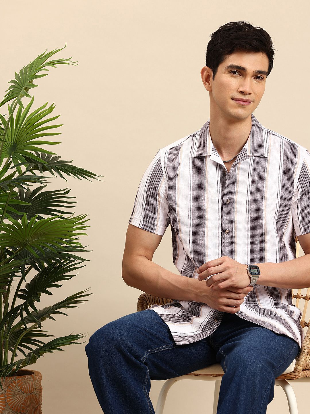 Mast & Harbour Striped Waffle Textured Casual Shirt
