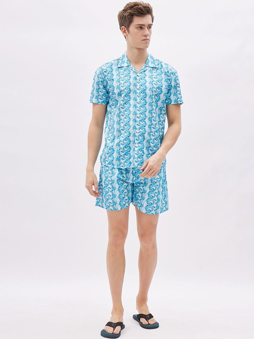 Sweet Dreams Men Floral Printed Shirt Collar Night Suit