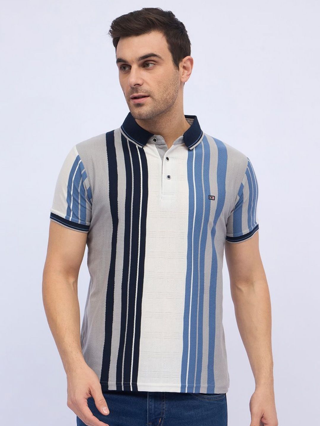 ARRAY Men Striped Polo Collar Cotton T-shirt