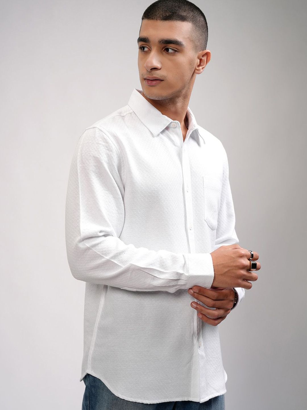 HIGHLANDER Men Slim Fit Spread Collar Textured Cotton Casual Shirt