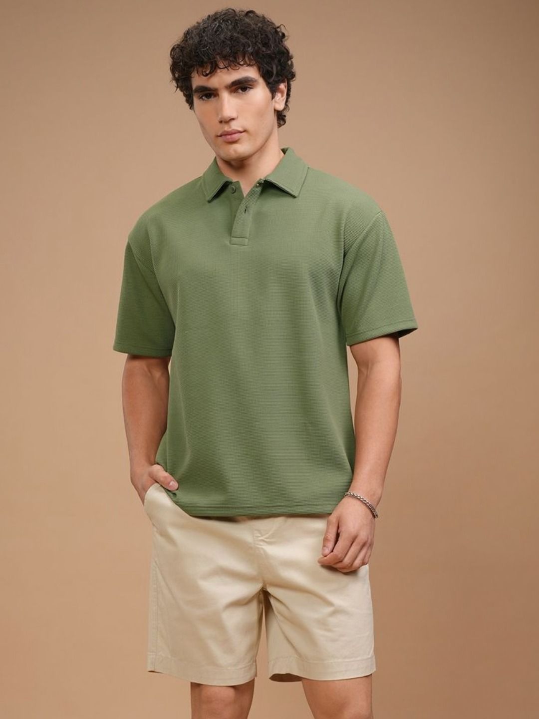 HIGHLANDER Men Polo Collar Knitted Textured Relaxed Fit T-Shirt