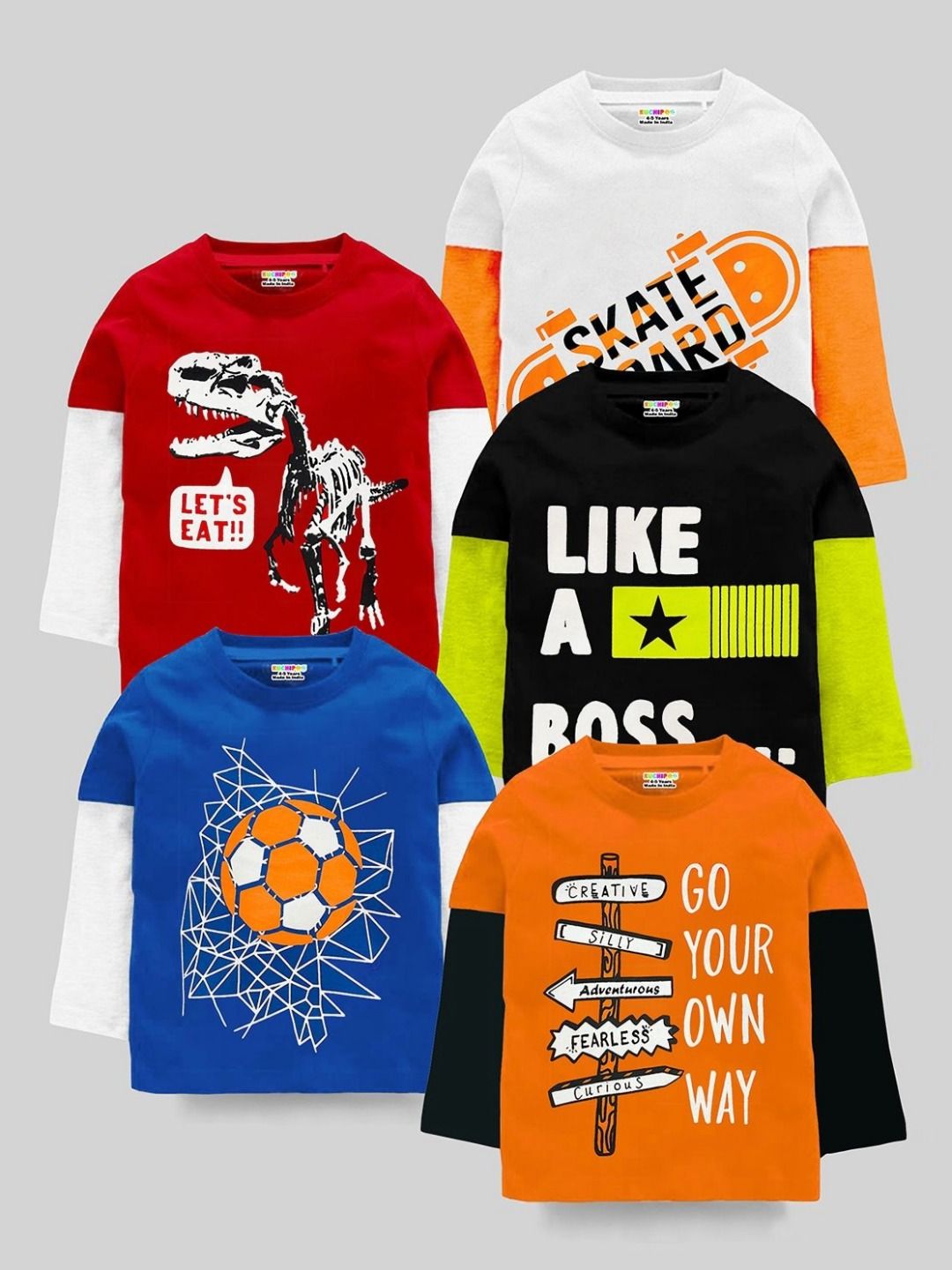 KUCHIPOO Boys Pack Of 5 Typography Printed Round Neck Cotton T-shirts