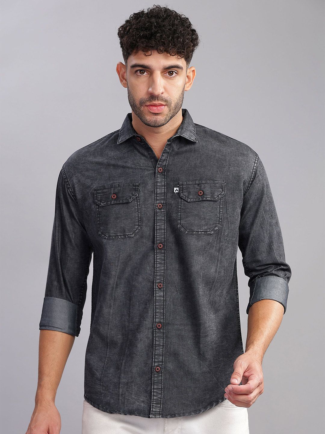 AIDAN PAUL Men Classic Fit Spread Collar Faded Denim Casual Shirt