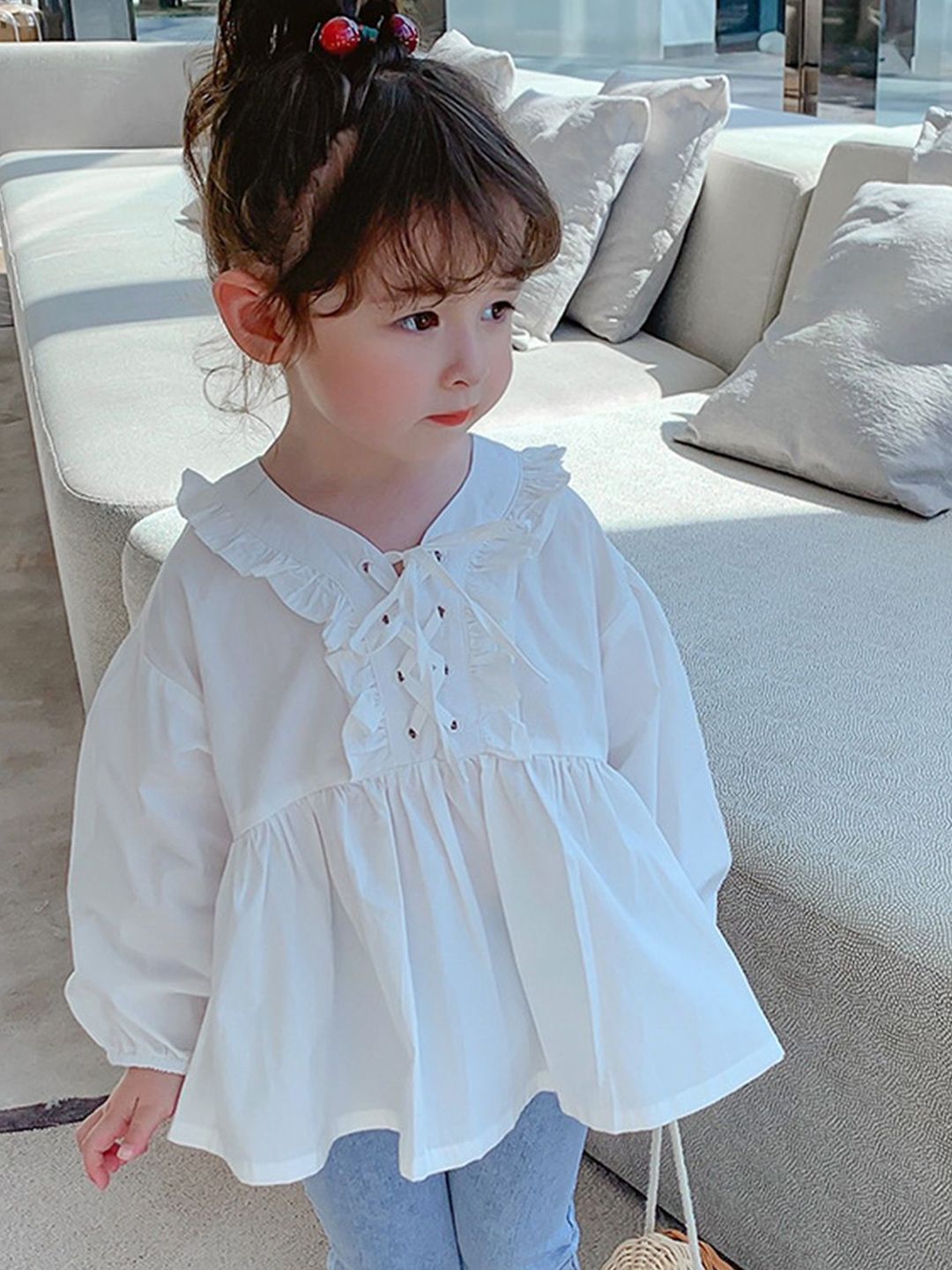 LULU & SKY Girls Tie-Up Neck Cotton Peplum Top