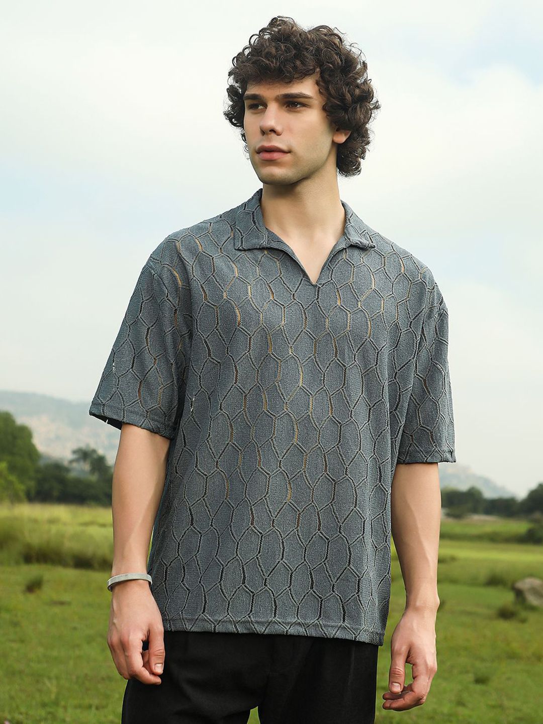 CAHOOT Men Self Design Polo Collar Cotton T-shirt