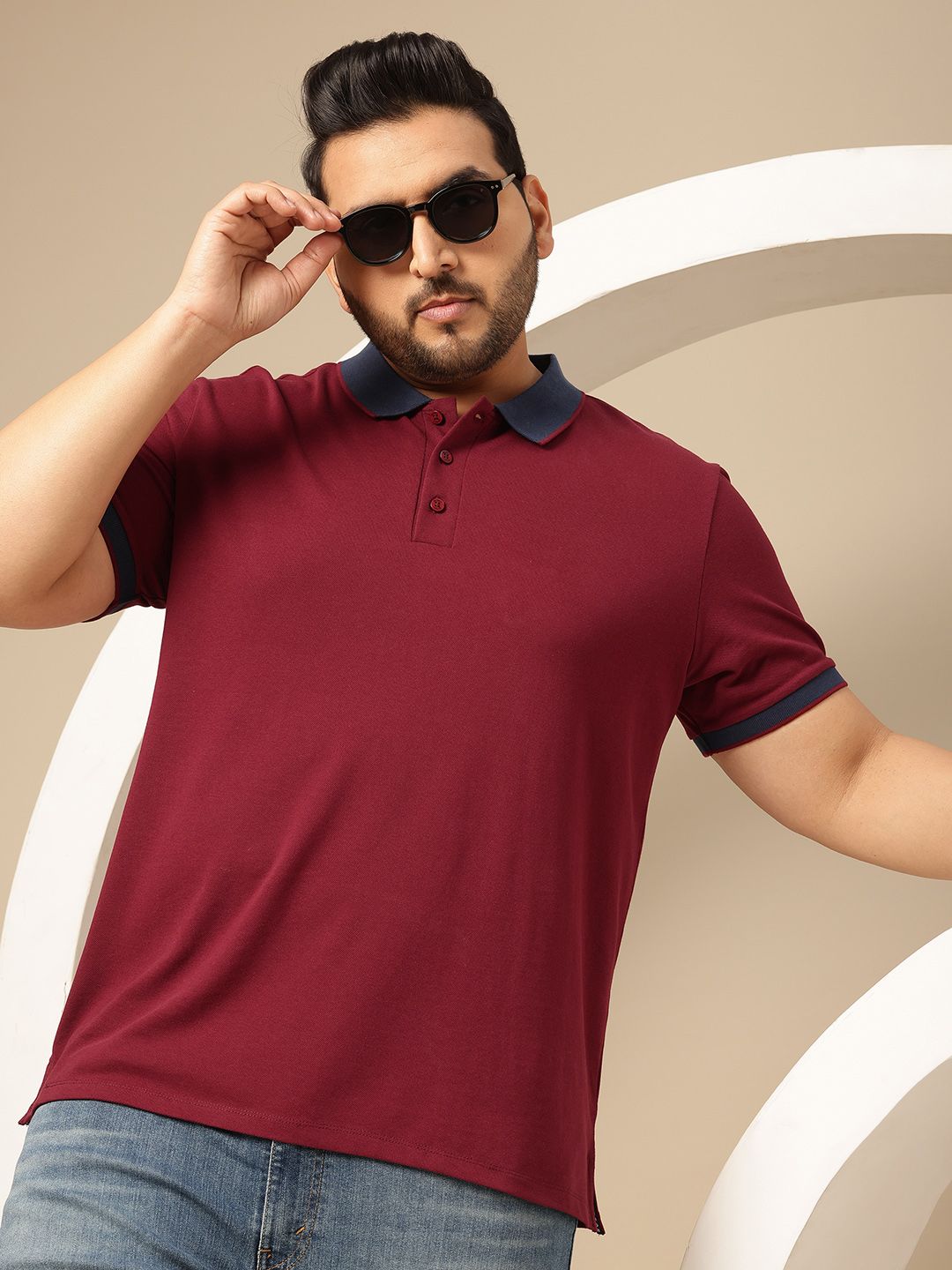 Sztori Plus Size Contrast Polo Collar Pure Cotton T-shirt