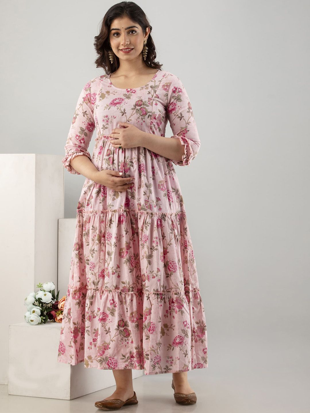 VARICOS Pure Cotton Printed Pregnancy Wear Maternity Maxi Dress With Nursing Zipper