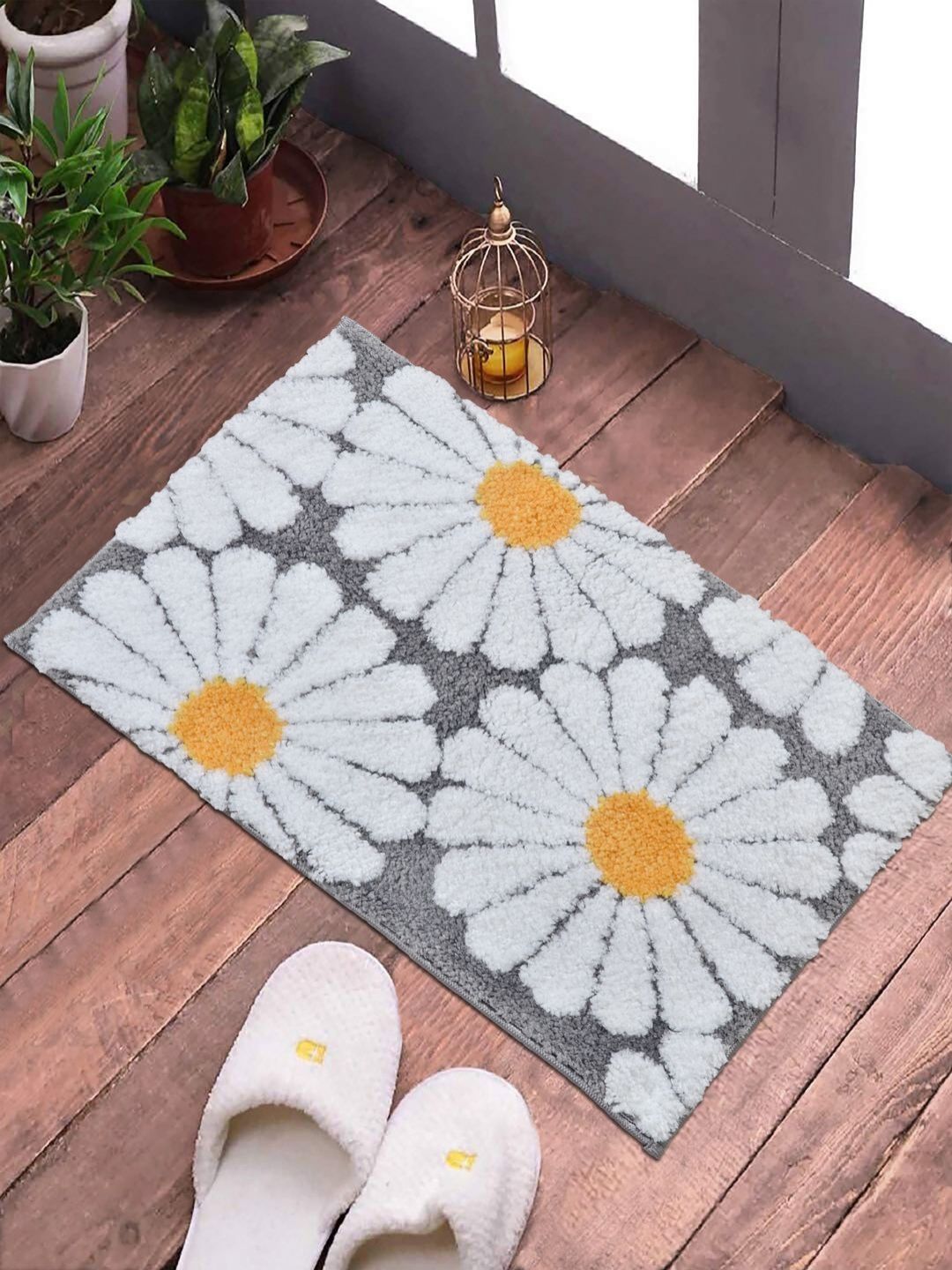 FABINALIV Grey Floral Patterned Anti-Skid Doormat