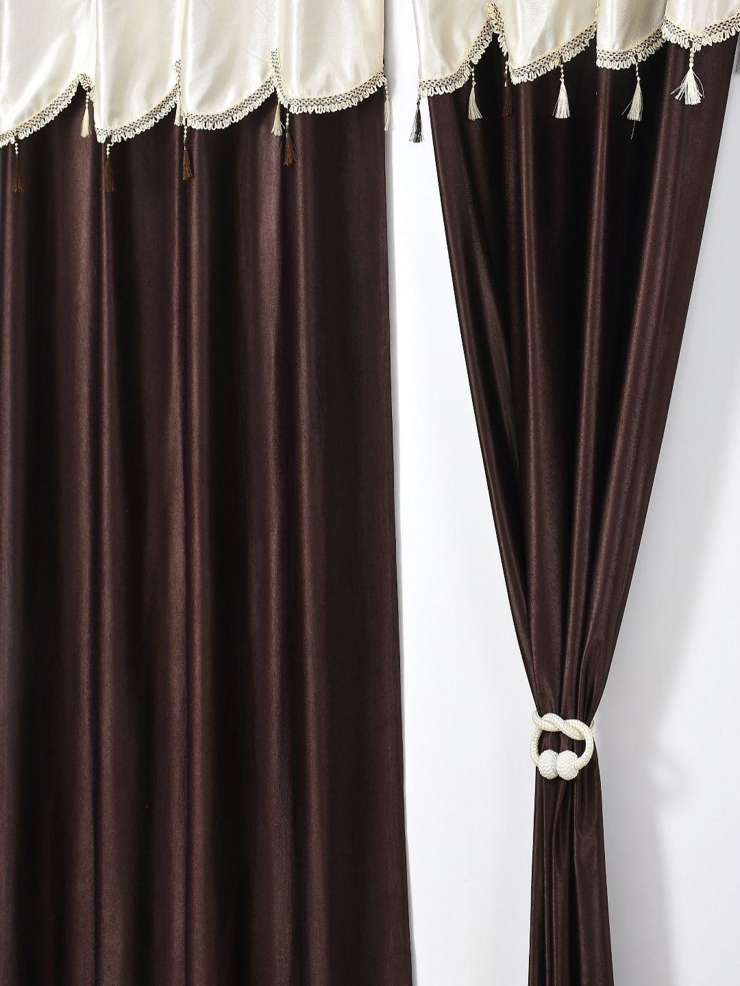Aura Coffee Brown & Cream-Coloured 2 Pieces Tasselled Long Door Curtains