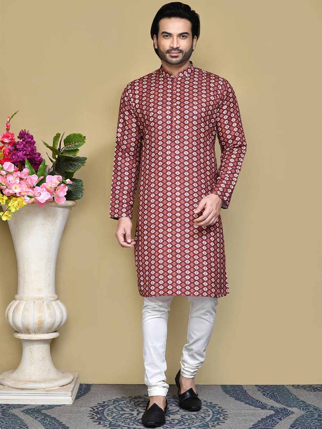 RANAK Ethnic Motifs Printed Cotton Mandarin Collar Straight Kurta