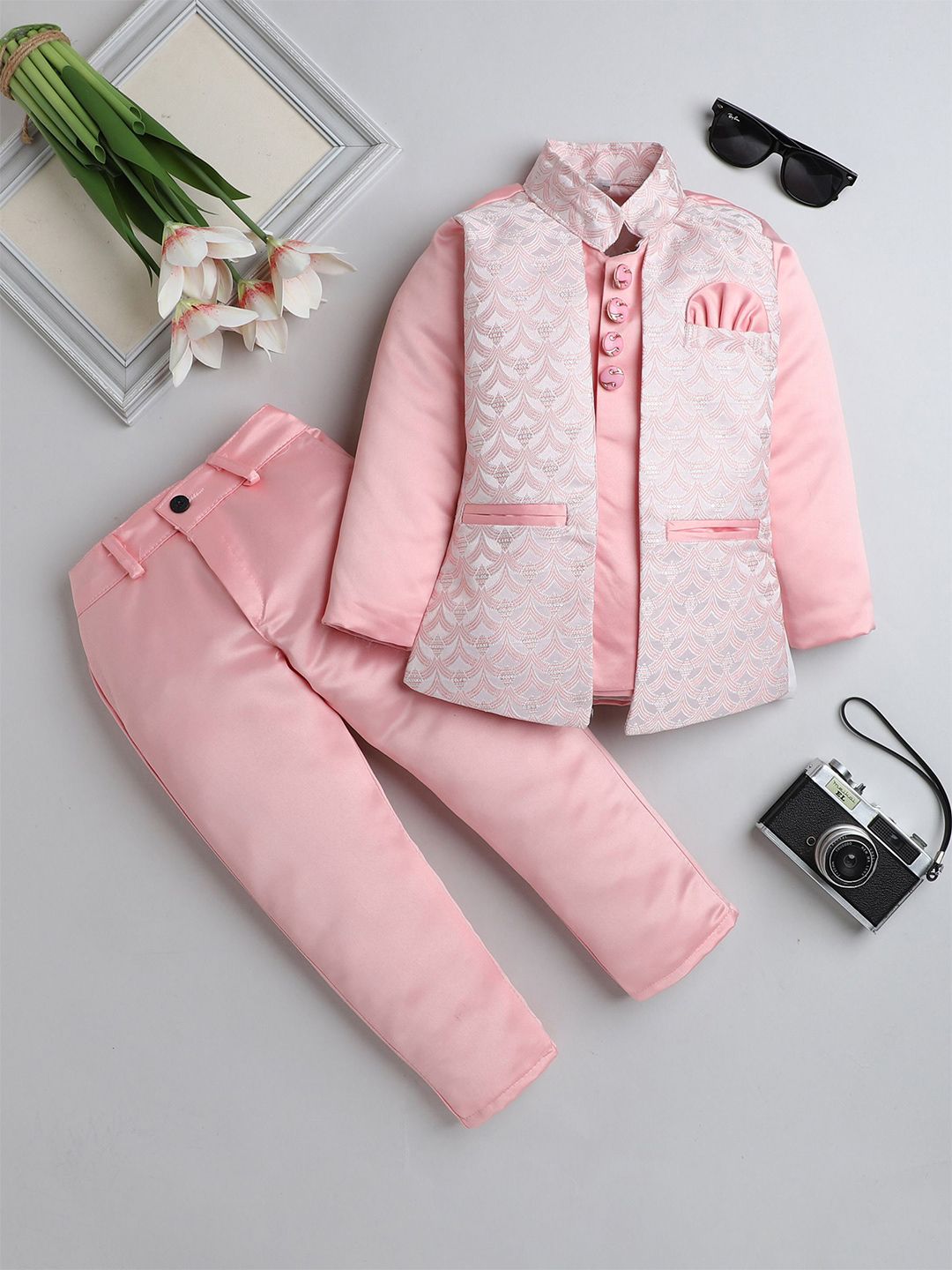 FOURFOLDS Boys Self Design Single-Breasted Mandarin Collar Double Vent 2-Piece Suit