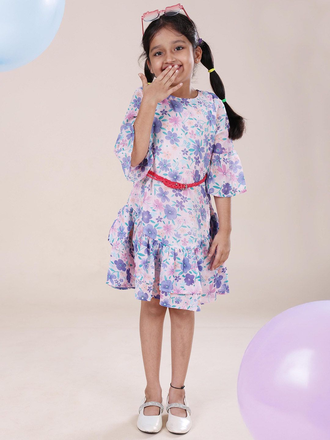 KiddoPanti Floral Printed Bell Sleeve Layered Drop-Waist Dress With Belt