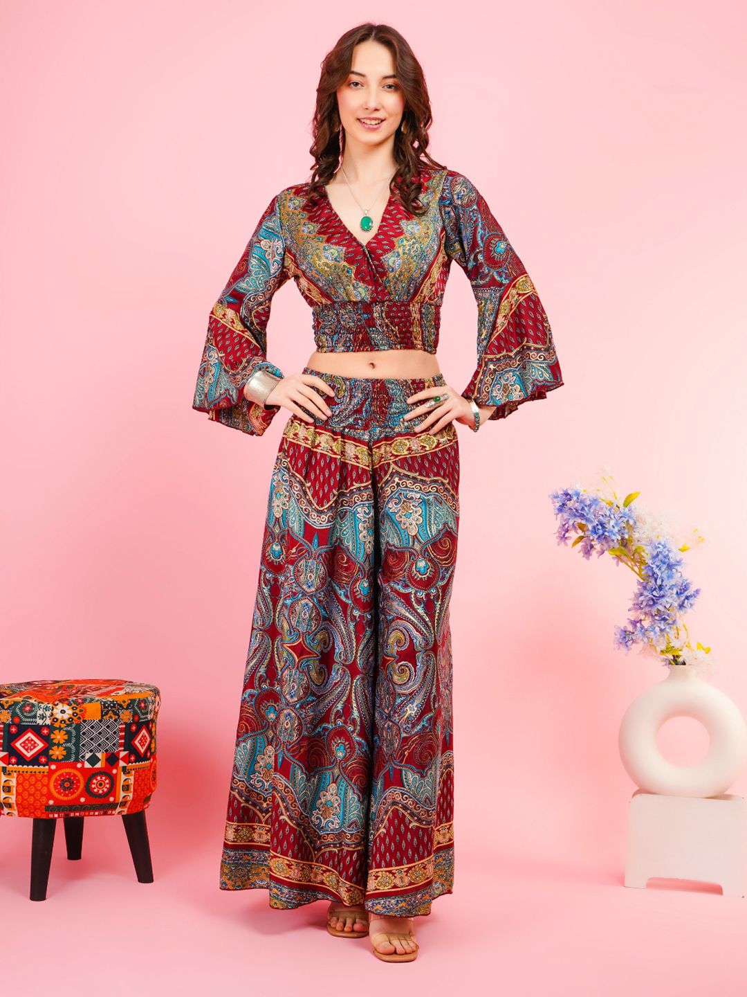 Boholyfe Printed V-Neck Crop Top With Palazzos Co-Ords
