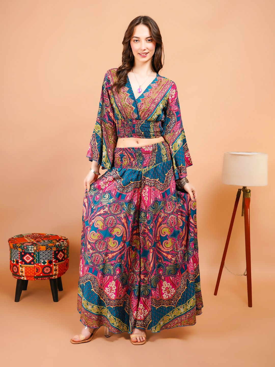 Boholyfe Printed V-Neck Top With Palazzo Co-Ords