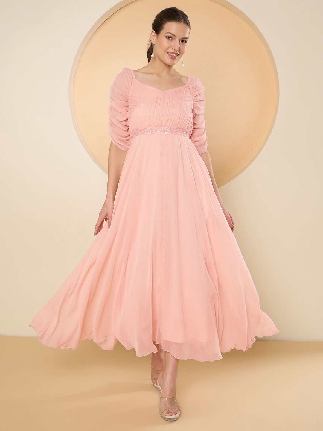 V-Neck Fit and Flare Dress Antheaa Chiffon Maxi Embellished Dress