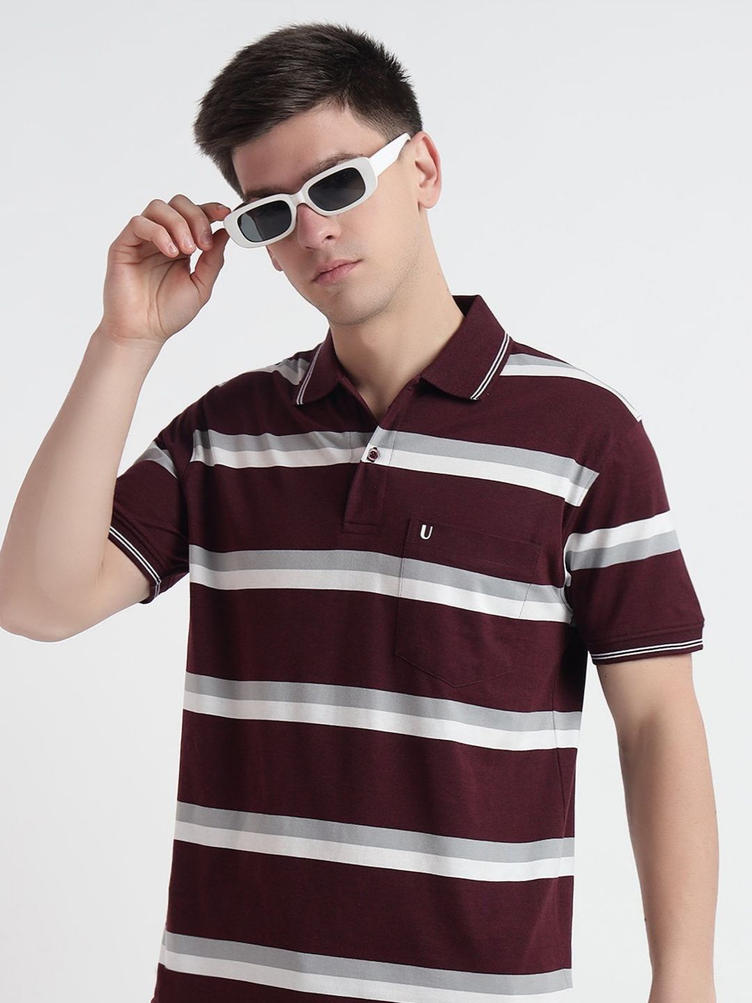 UNIBERRY Men Striped Polo Collar Cotton T-shirt