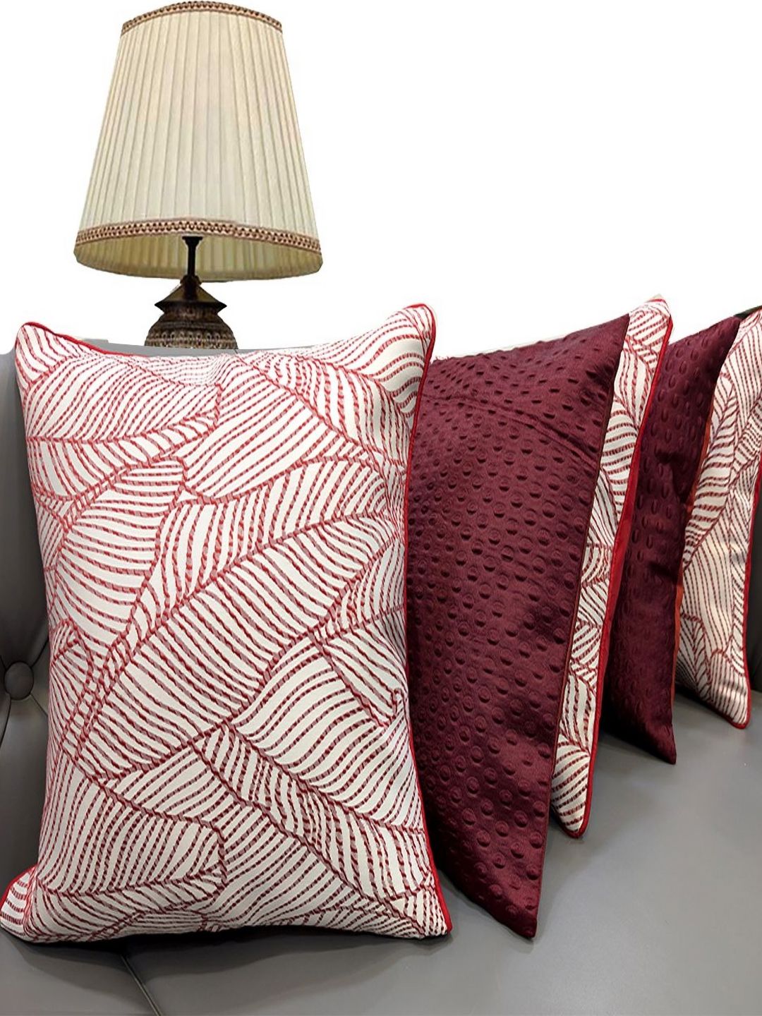 Good Vibes Maroon Velvet Durable 5 Piece Embroidered Square Cushion Covers -12x12In