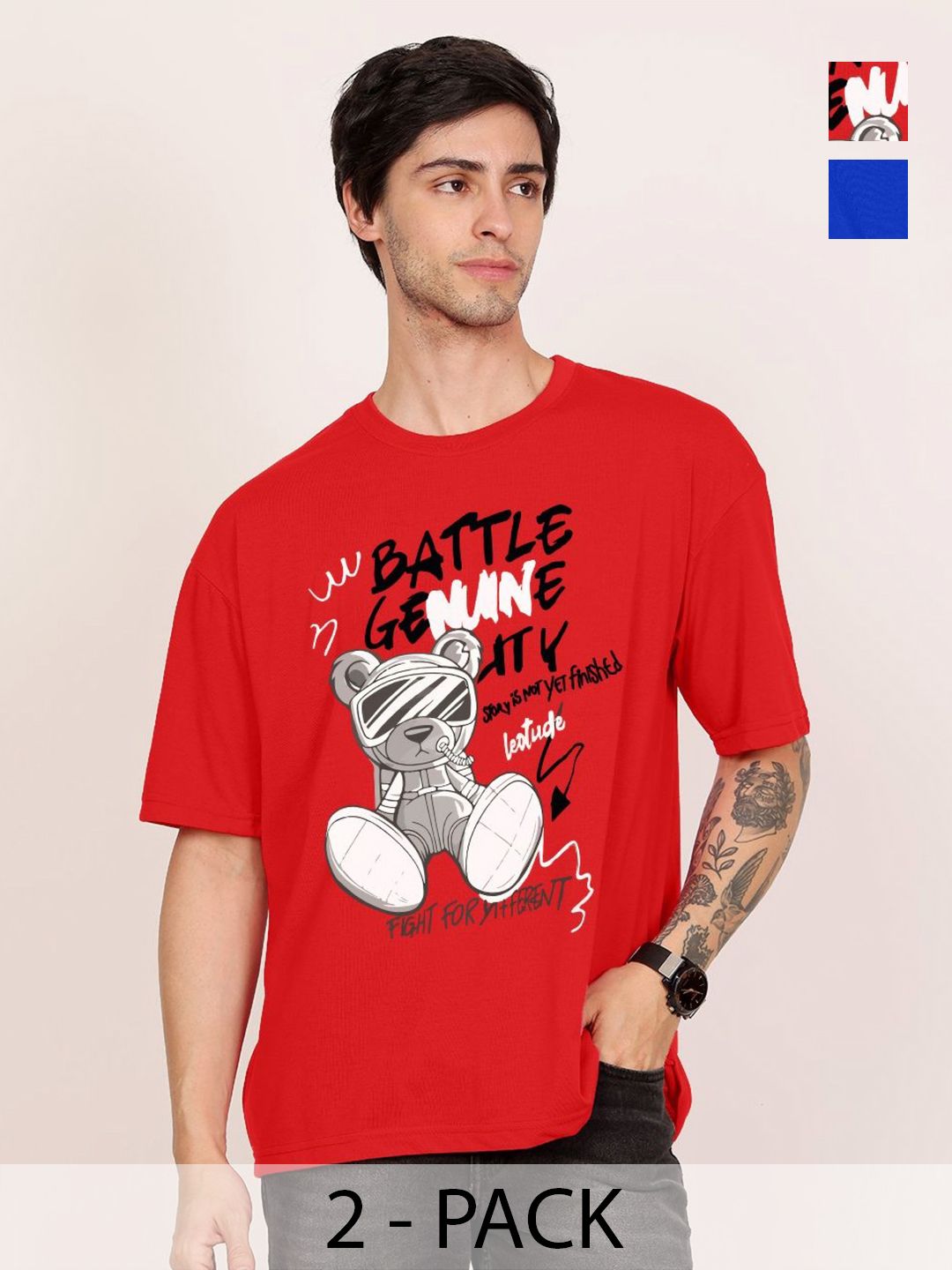 Leotude Men Pack Of 2 Graphic Printed Round Neck Cotton T-shirts