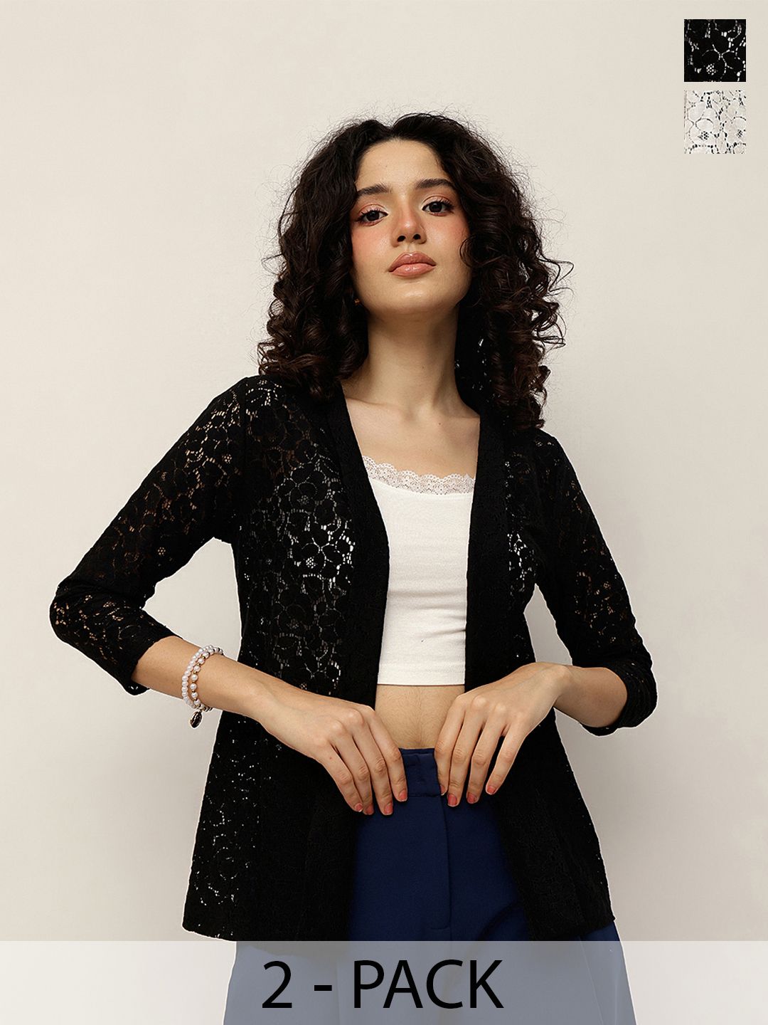 Espresso Pack Of 2 Self Design Lace Open Front Shrug