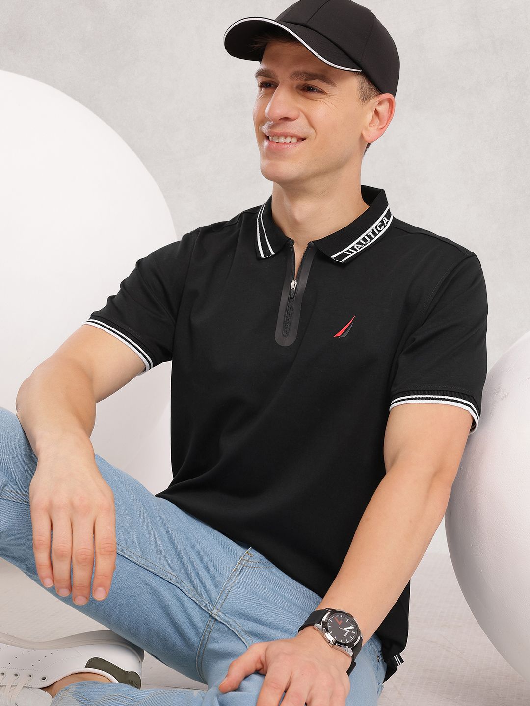 Nautica Brand Logo Detail Polo Collar Pure Cotton T-shirt deal from myntra