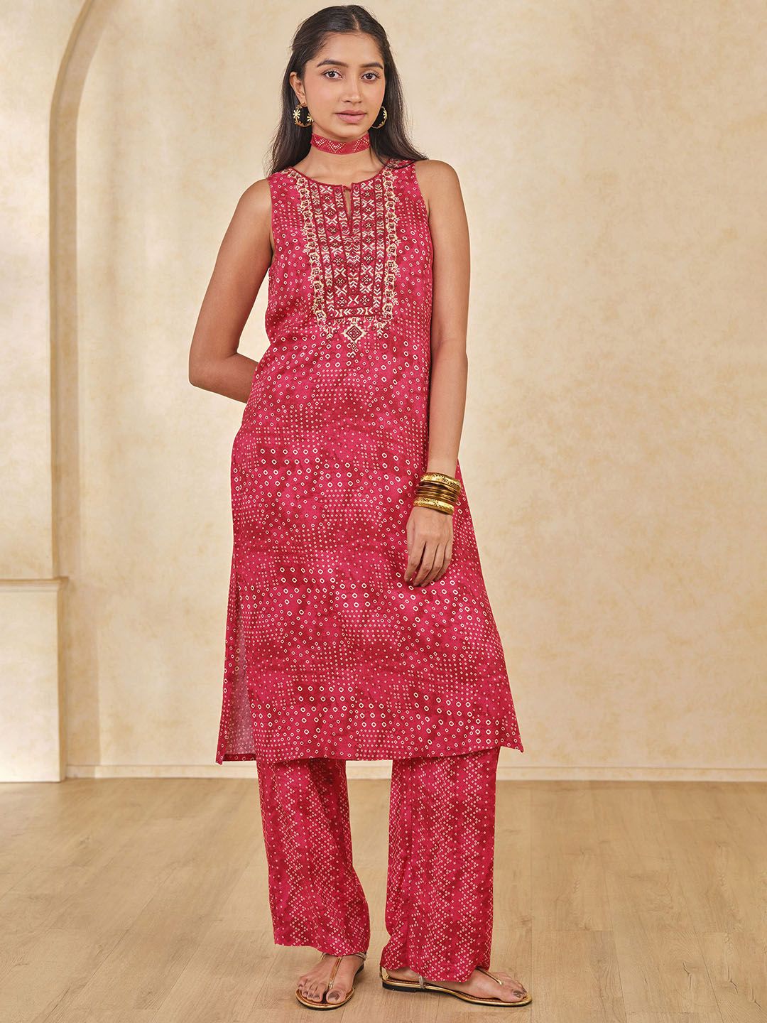 Global Desi Global Desi Bandhani Printed Notch Neck Thread Work Straight Kurta With Palazzos