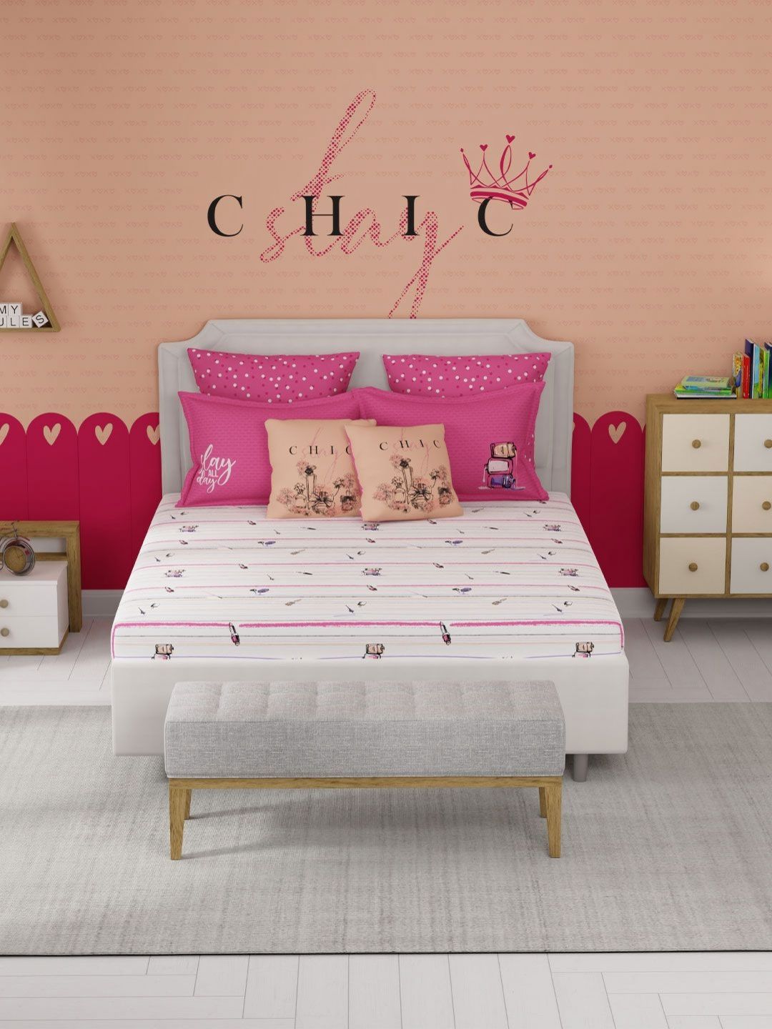 MYTRIDENT MYTRIDENT White & Pink Graphic 144 TC King Bedsheet with 2 Pillow Covers