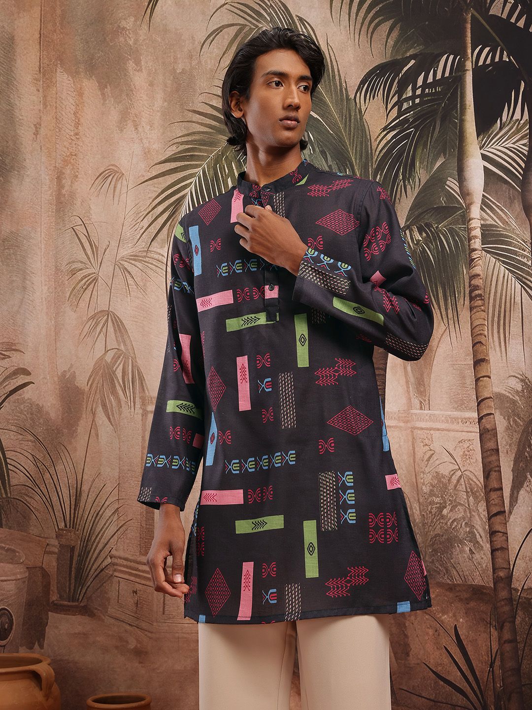 Sangria Ethnic Print Band Collar Long Sleeves Pure Cotton Kurta