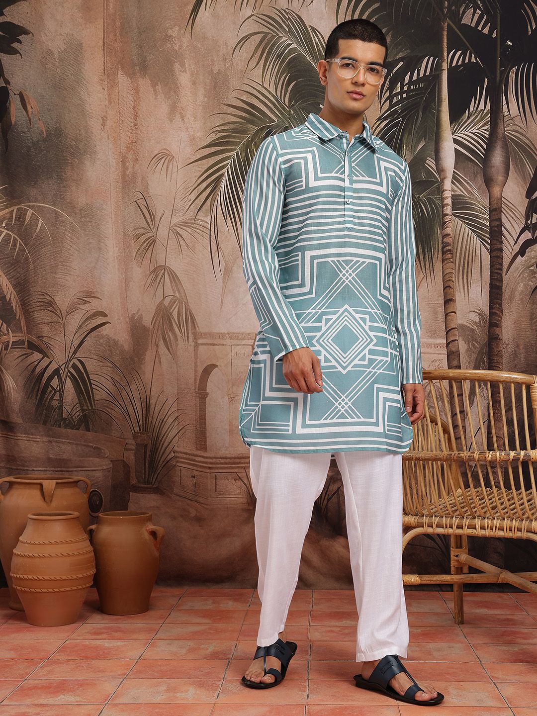 Sangria Men Geometric Print Pure Cotton Kurta