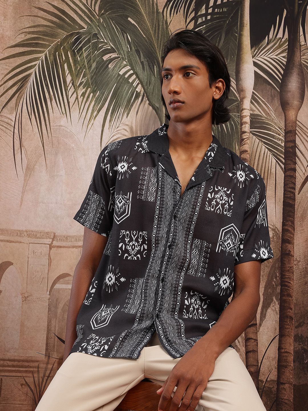 Sangria Tribal Print Cuban Collar Shirt