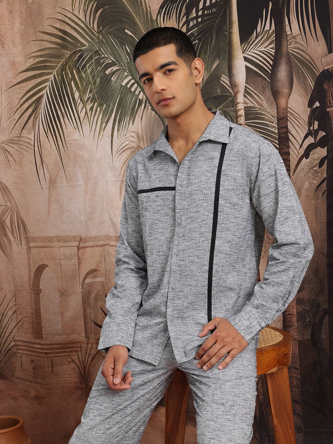 Sangria Sangria Men Melange Paneled Cotton Shirt With Trousers Co-Ord Set