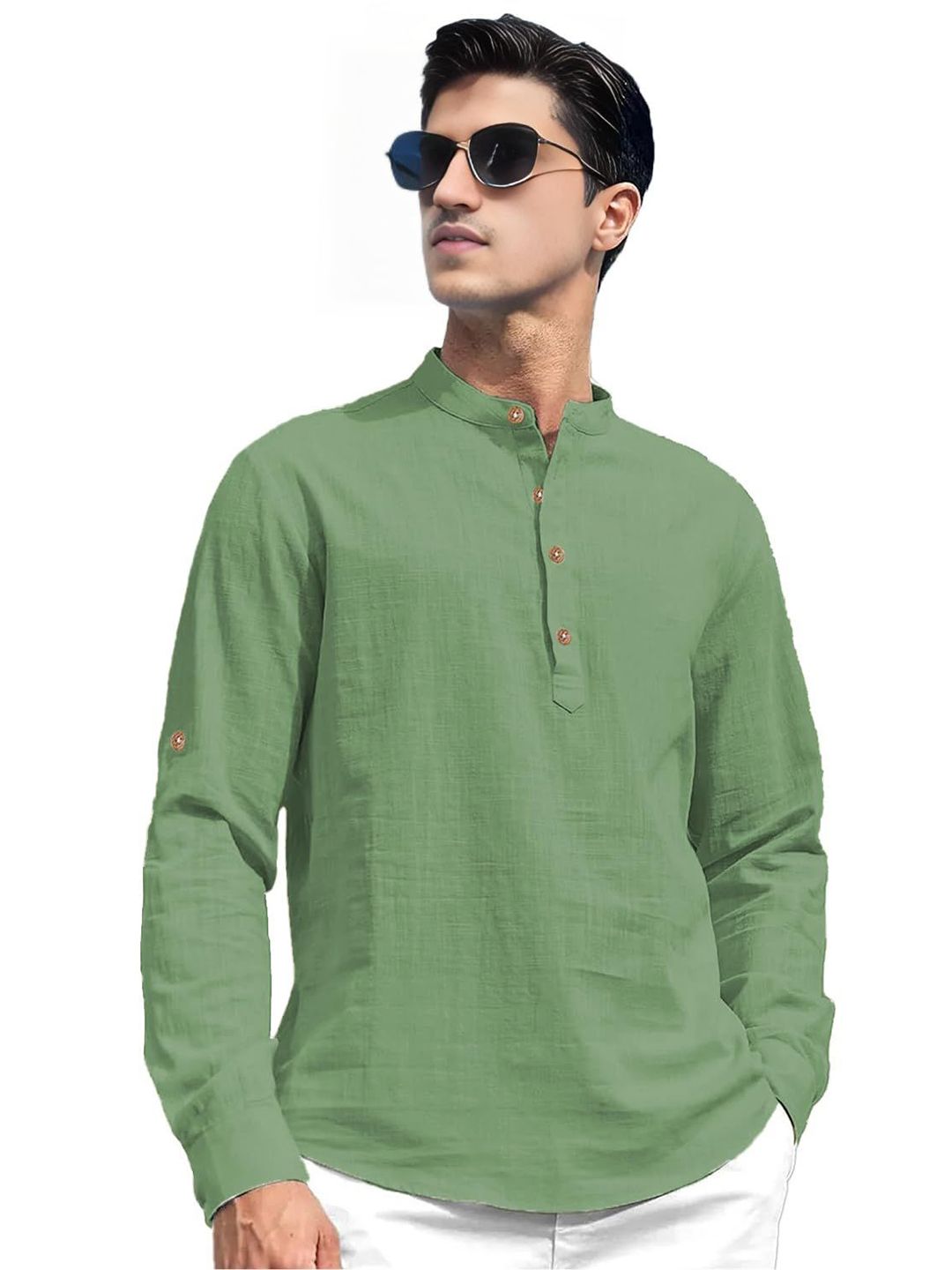 Vida Loca Band Collar Roll-Up Sleeves Pure Cotton Slim Fit Straight Short Kurta