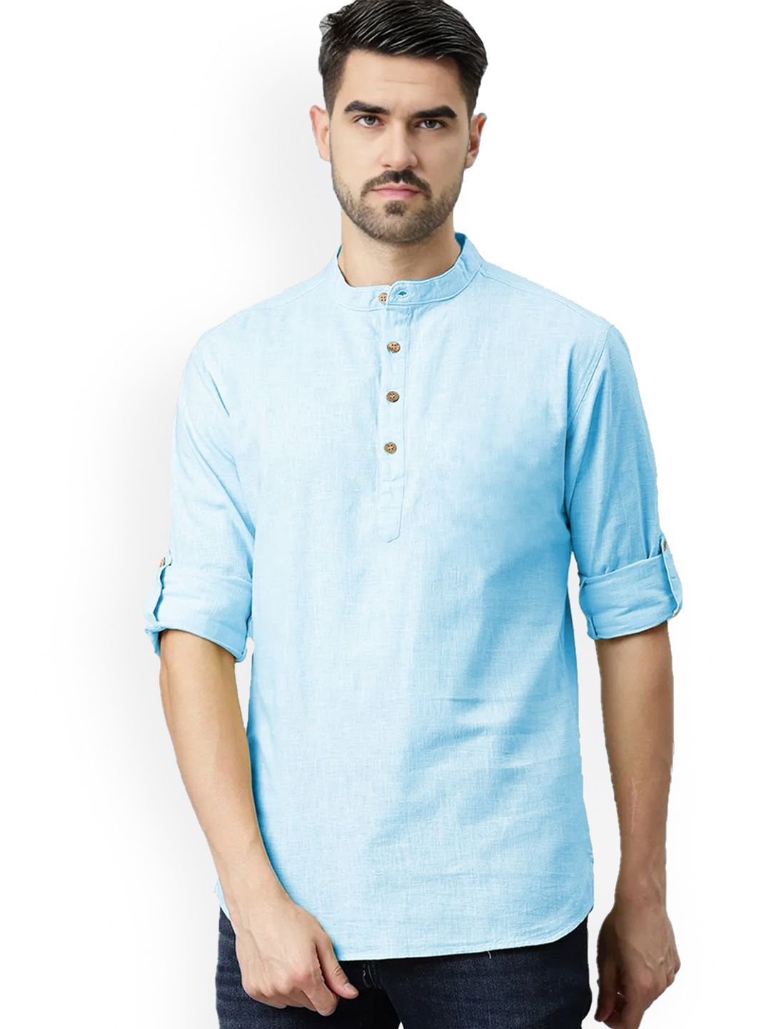 Vida Loca Band Collar Roll-Up Sleeves Pure Cotton Slim Fit Straight Short Kurta