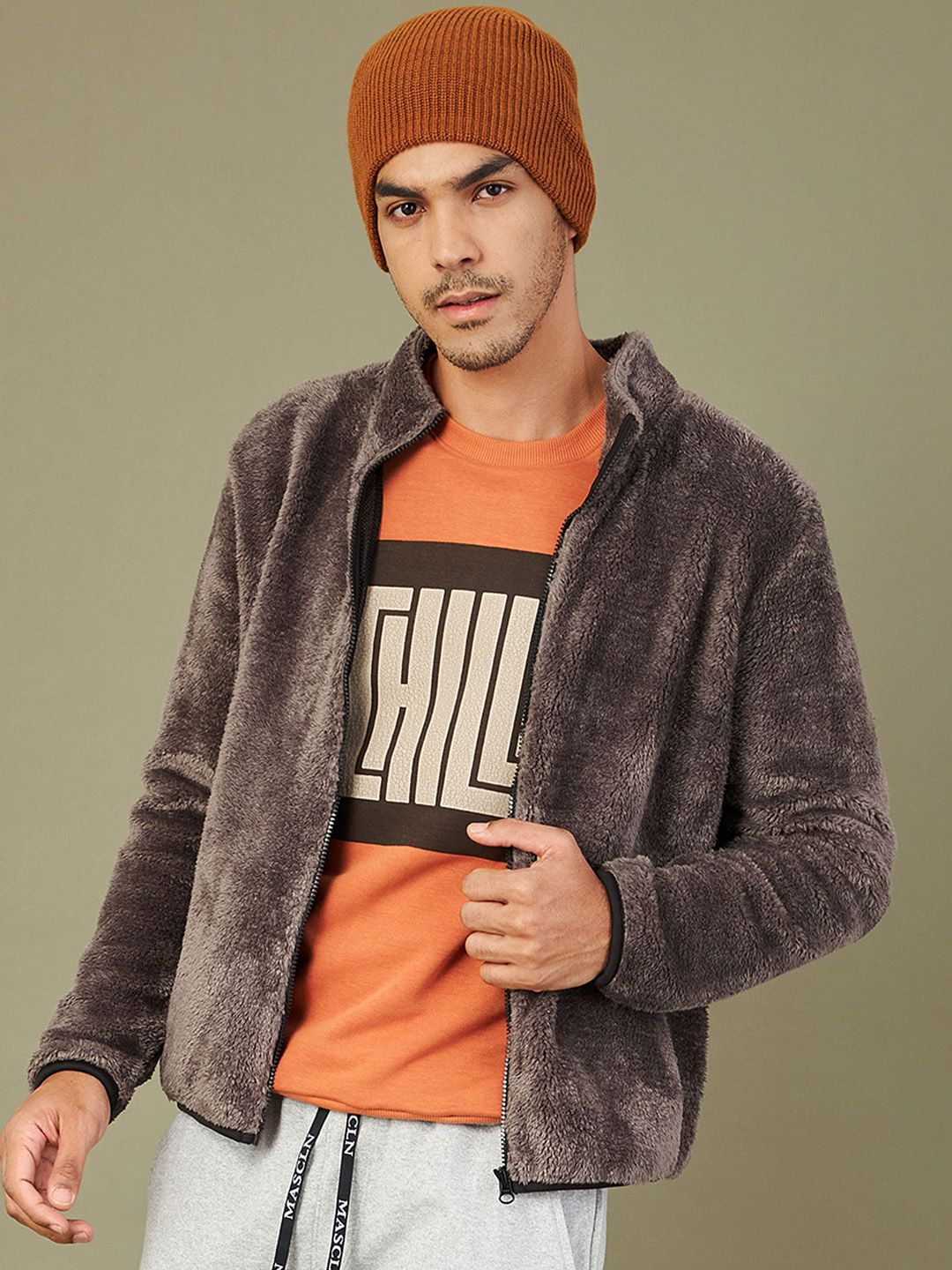 MASCLN SASSAFRAS Men Mock Collar Self Design Faux Fur Casual Parka Jacket