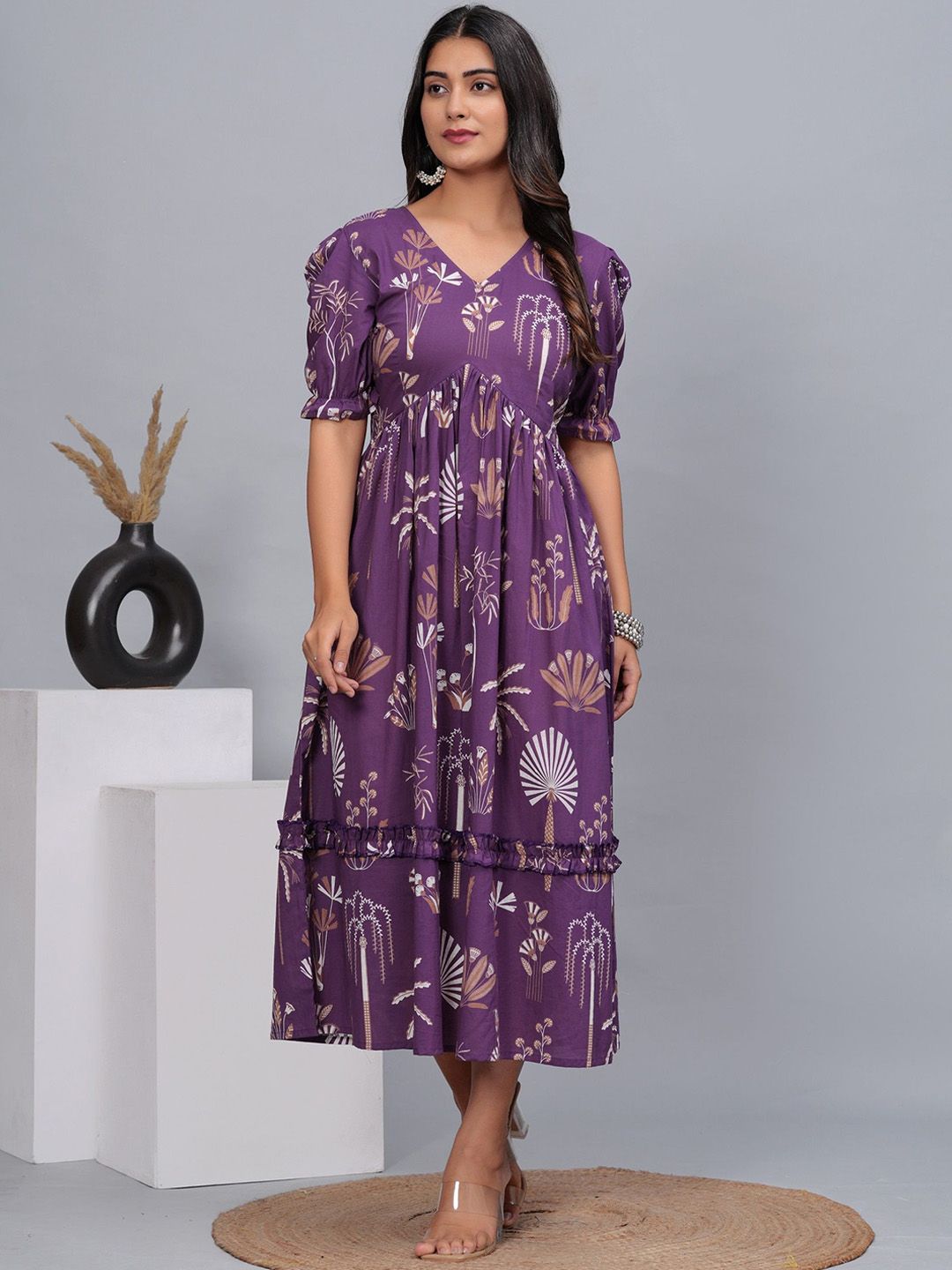 CTMTEX Women Floral Printed V-Neck Empire Ethnic Dress