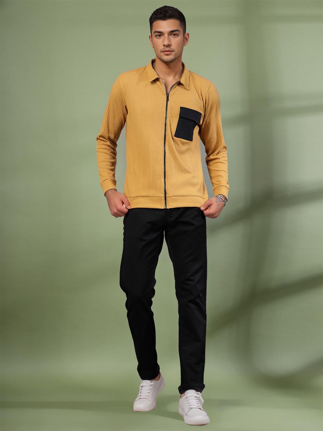 Rigo Men Mustard and Black Solid Spread Collar Casual Jacket